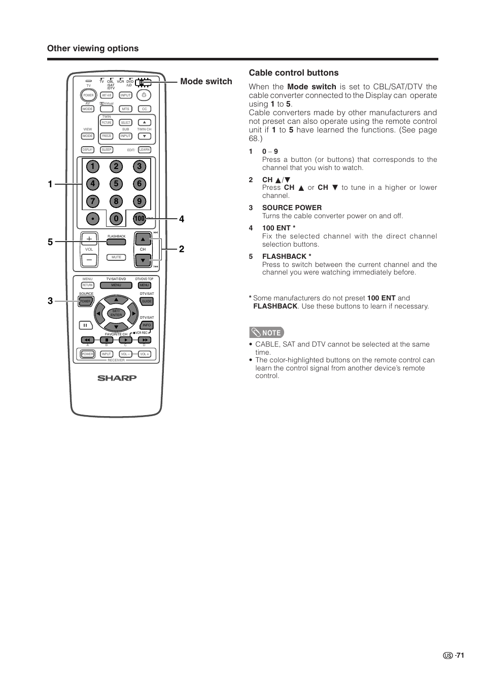 Other viewing options cable control buttons, Mode switch | Sharp Aquos LC 37HV6U User Manual | Page 72 / 86