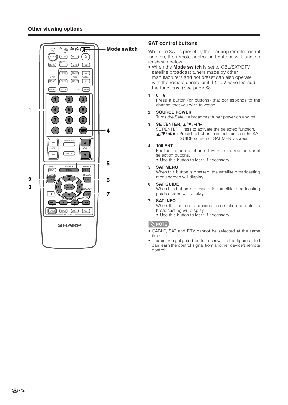 Other viewing options sat control buttons, Mode switch | Sharp Aquos LC 37HV6U User Manual | Page 73 / 86