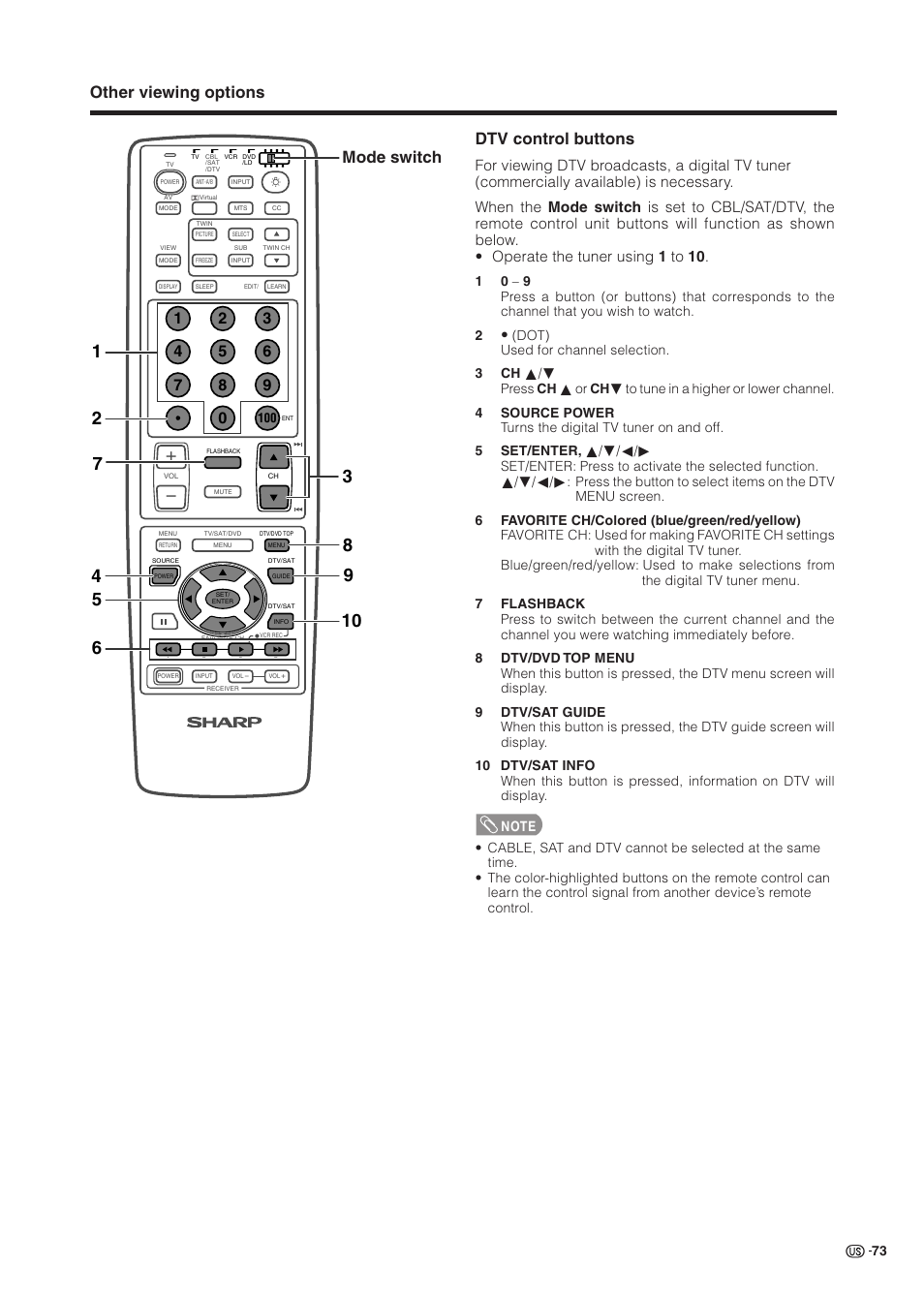 Other viewing options dtv control buttons, Mode switch | Sharp Aquos LC 37HV6U User Manual | Page 74 / 86