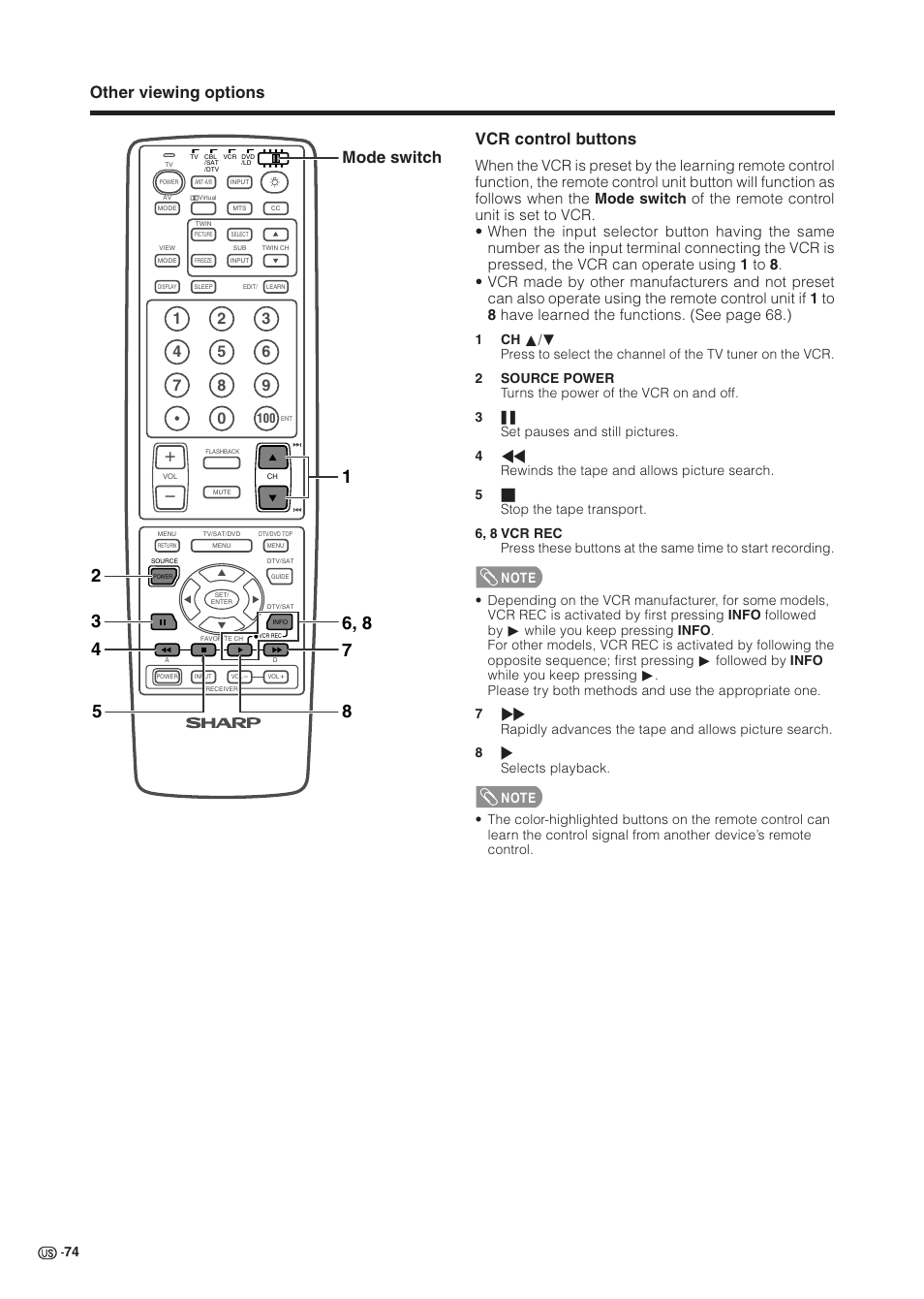 Other viewing options vcr control buttons, Mode switch | Sharp Aquos LC 37HV6U User Manual | Page 75 / 86