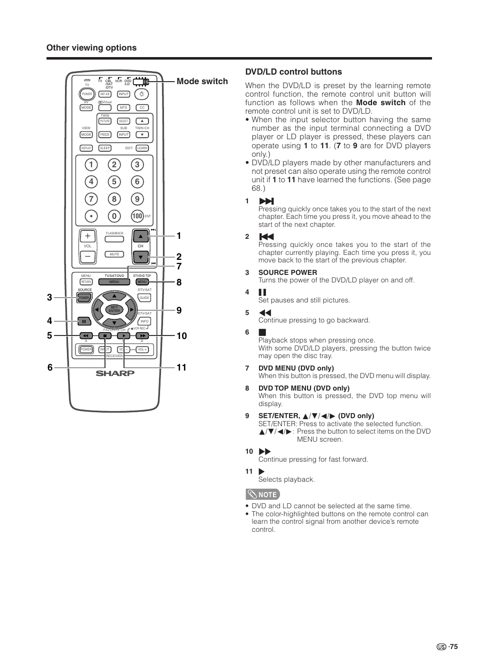 Other viewing options dvd/ld control buttons, Mode switch | Sharp Aquos LC 37HV6U User Manual | Page 76 / 86