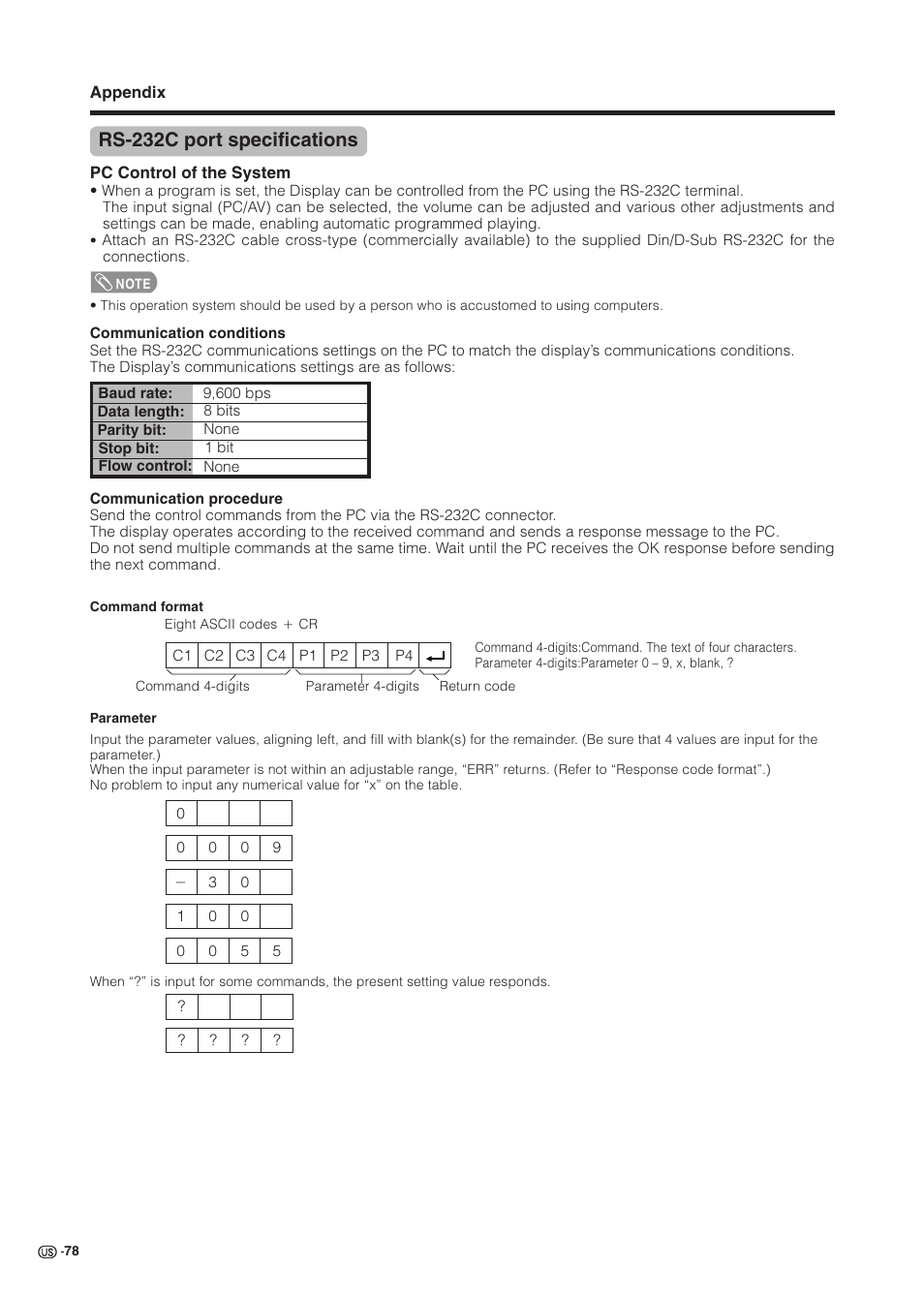 Rs-232c port specifications | Sharp Aquos LC 37HV6U User Manual | Page 79 / 86