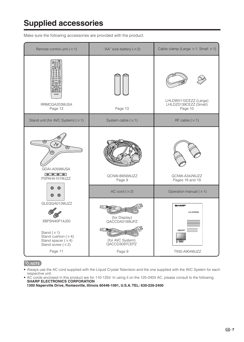 Supplied accessories | Sharp Aquos LC 37HV6U User Manual | Page 8 / 86