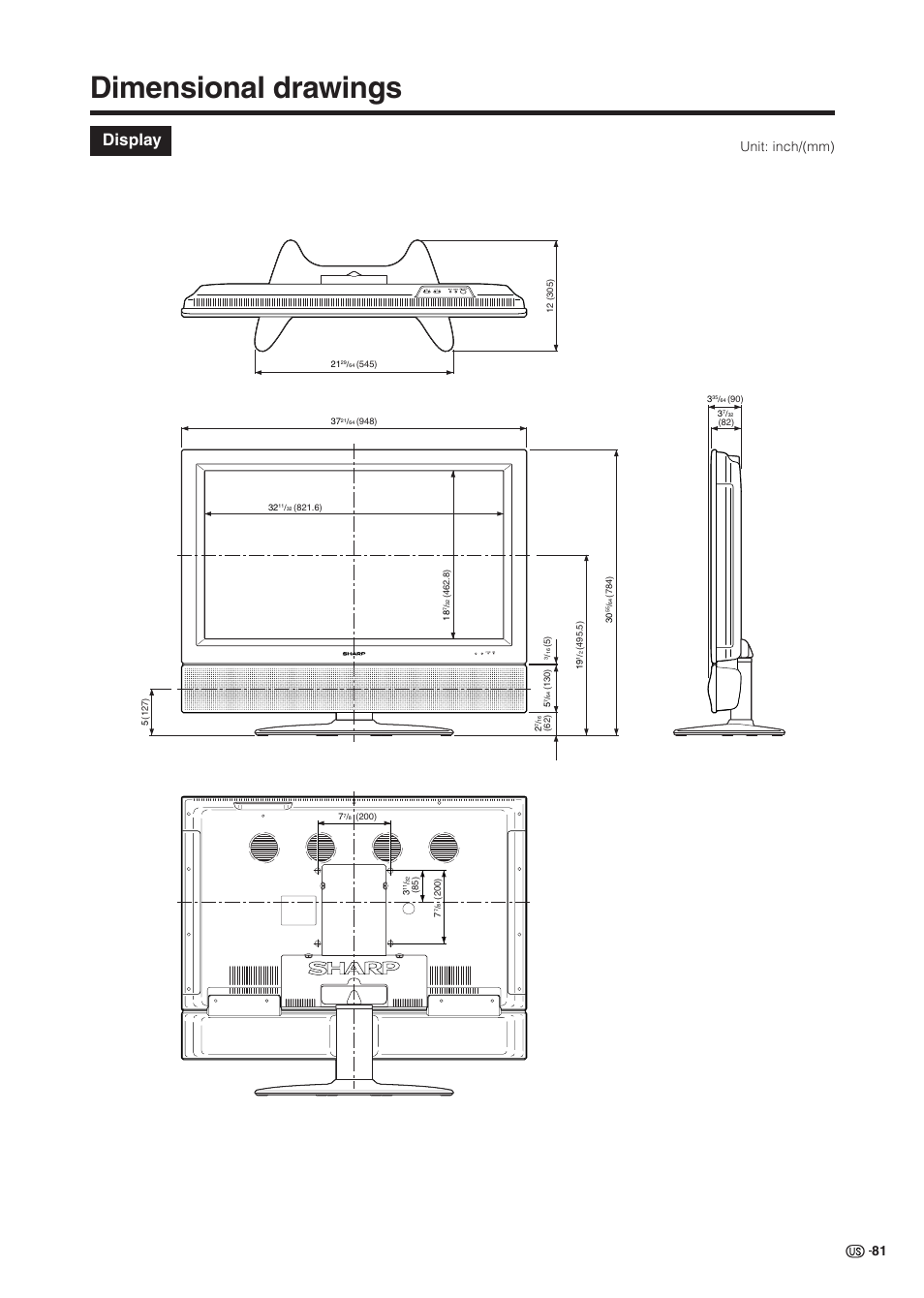 Dimensional drawings, Display, Unit: inch/(mm) | Sharp Aquos LC 37HV6U User Manual | Page 82 / 86