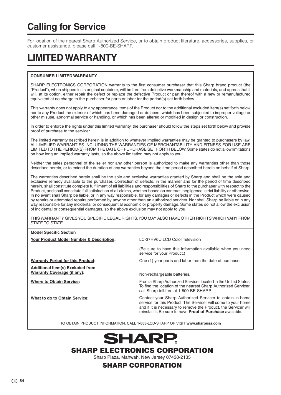 Calling for service, Limited warranty, Sharp electronics corporation | Sharp corporation | Sharp Aquos LC 37HV6U User Manual | Page 85 / 86