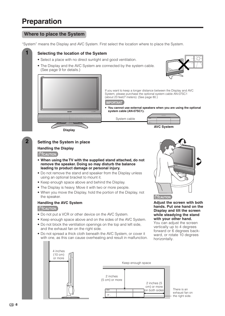 Preparation, Where to place the system | Sharp Aquos LC 37HV6U User Manual | Page 9 / 86