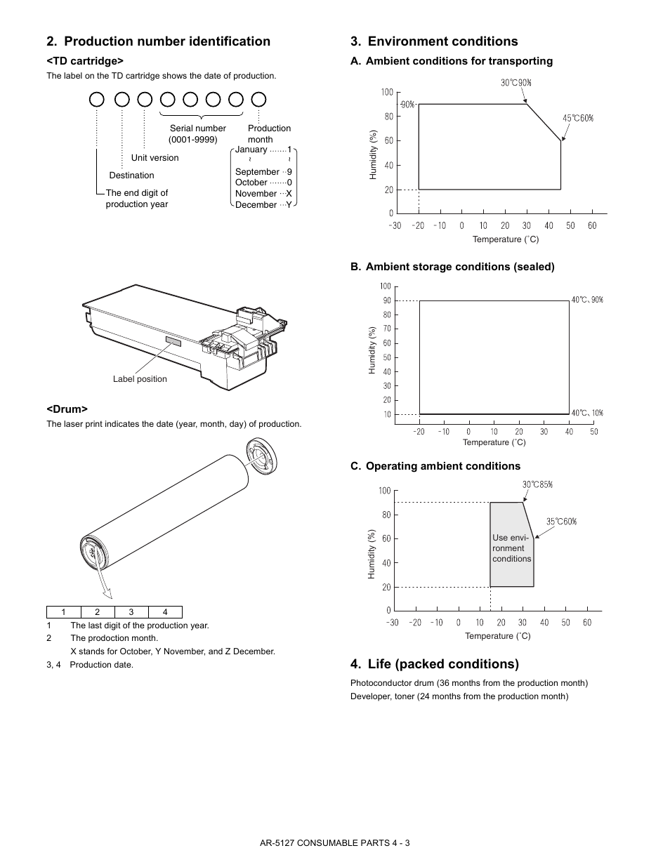 Production number identification, Environment conditions, Life (packed conditions) | Sharp Digital Laser Copier/Printer AR-5127 User Manual | Page 13 / 94