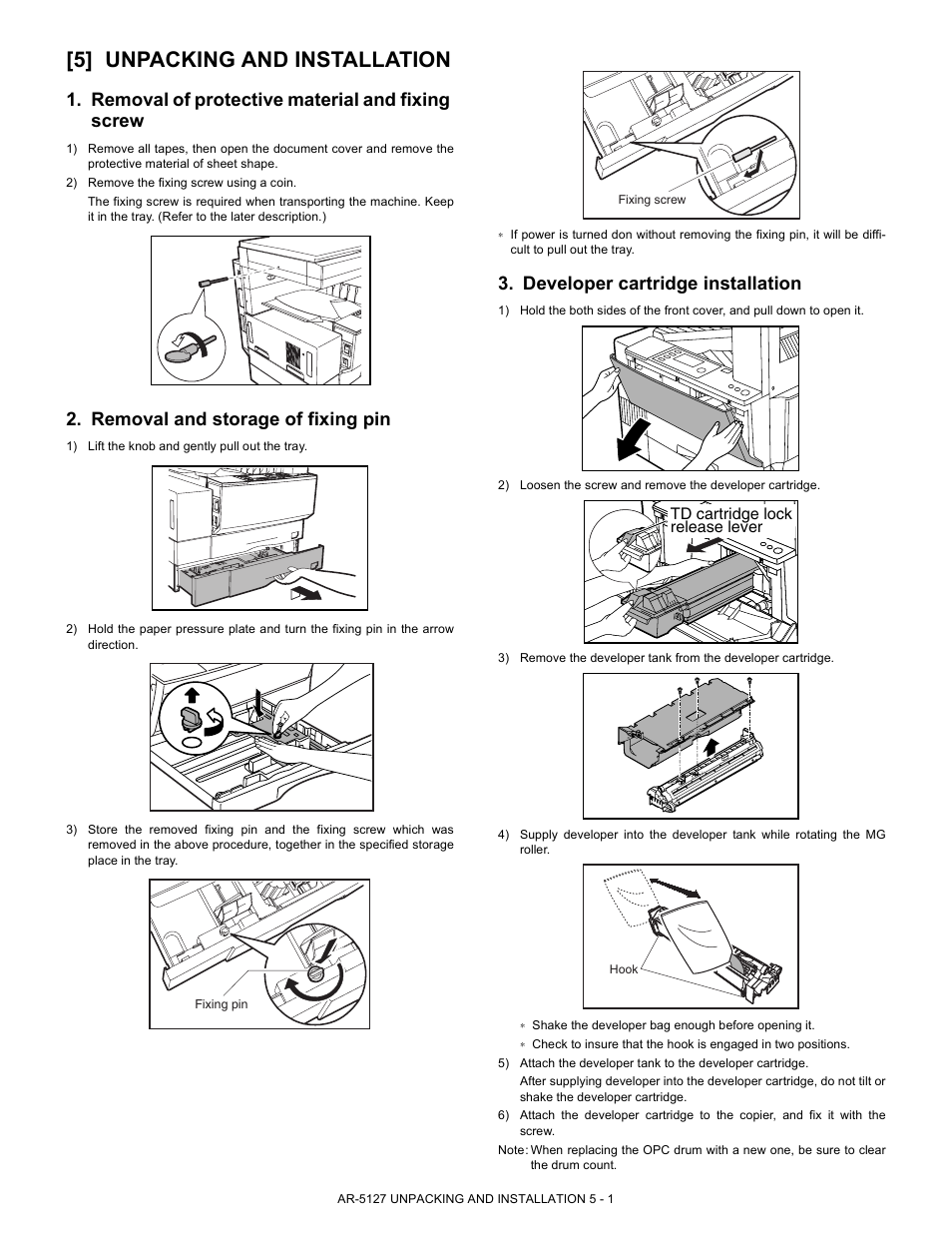 5] unpacking and installation, Removal of protective material and fixing screw, Removal and storage of fixing pin | Developer cartridge installation | Sharp Digital Laser Copier/Printer AR-5127 User Manual | Page 14 / 94