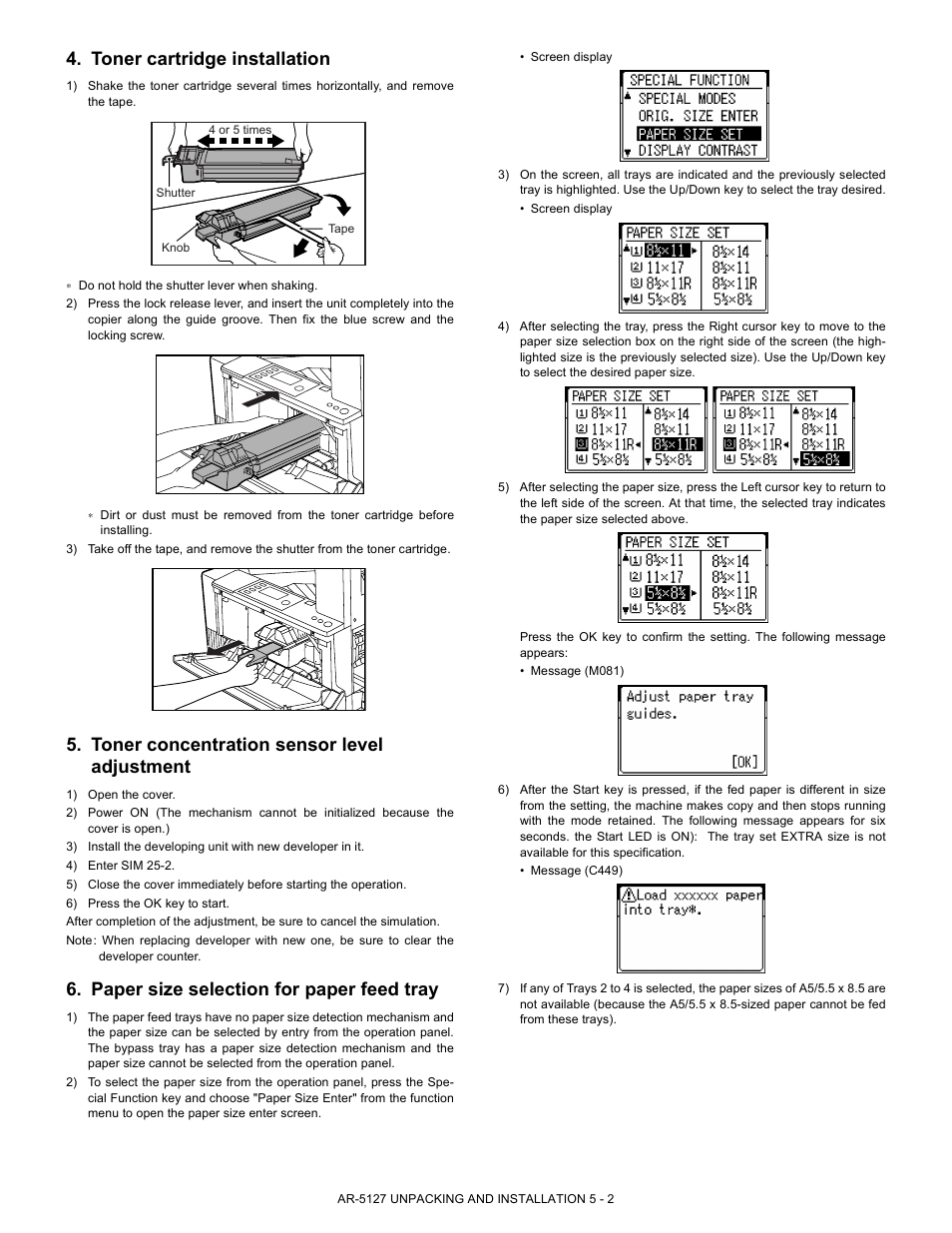 Toner cartridge installation, Toner concentration sensor level adjustment, Paper size selection for paper feed tray | Sharp Digital Laser Copier/Printer AR-5127 User Manual | Page 15 / 94