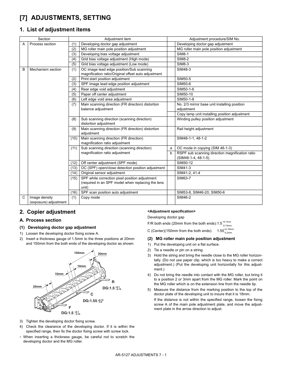 7] adjustments, setting, List of adjustment items 2. copier adjustment | Sharp Digital Laser Copier/Printer AR-5127 User Manual | Page 20 / 94