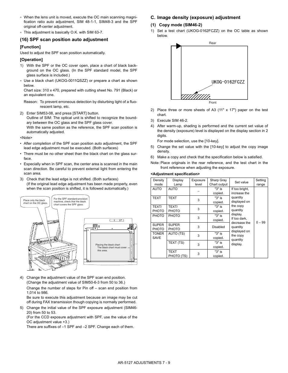 16) spf scan position auto adjustment, C. image density (exposure) adjustment | Sharp Digital Laser Copier/Printer AR-5127 User Manual | Page 28 / 94