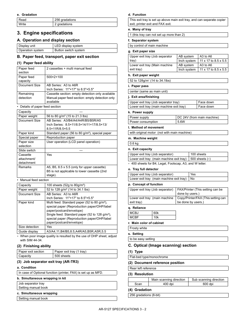 Engine specifications | Sharp Digital Laser Copier/Printer AR-5127 User Manual | Page 8 / 94