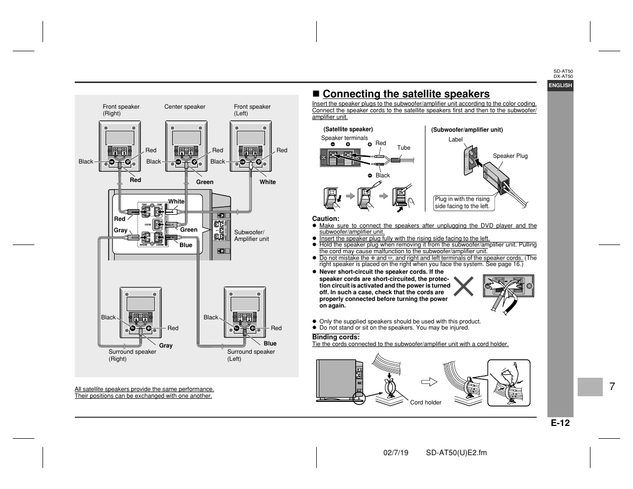 Prepar ation for use, Connecting the satellite speakers | Sharp SD-AT50 User Manual | Page 17 / 58