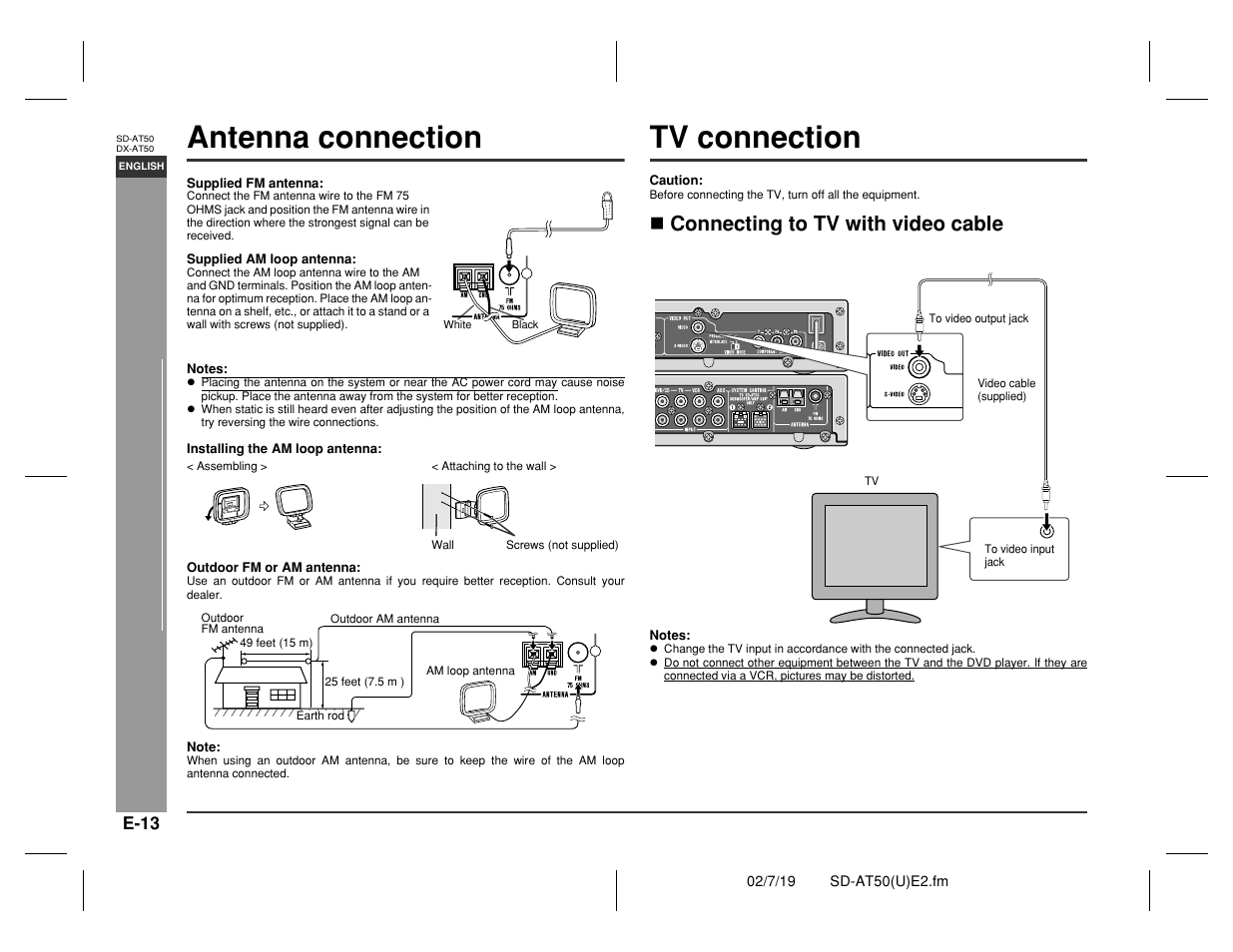 Antenna connection, Tv connection, Prepar ation for use | Connecting to tv with video cable | Sharp SD-AT50 User Manual | Page 18 / 58