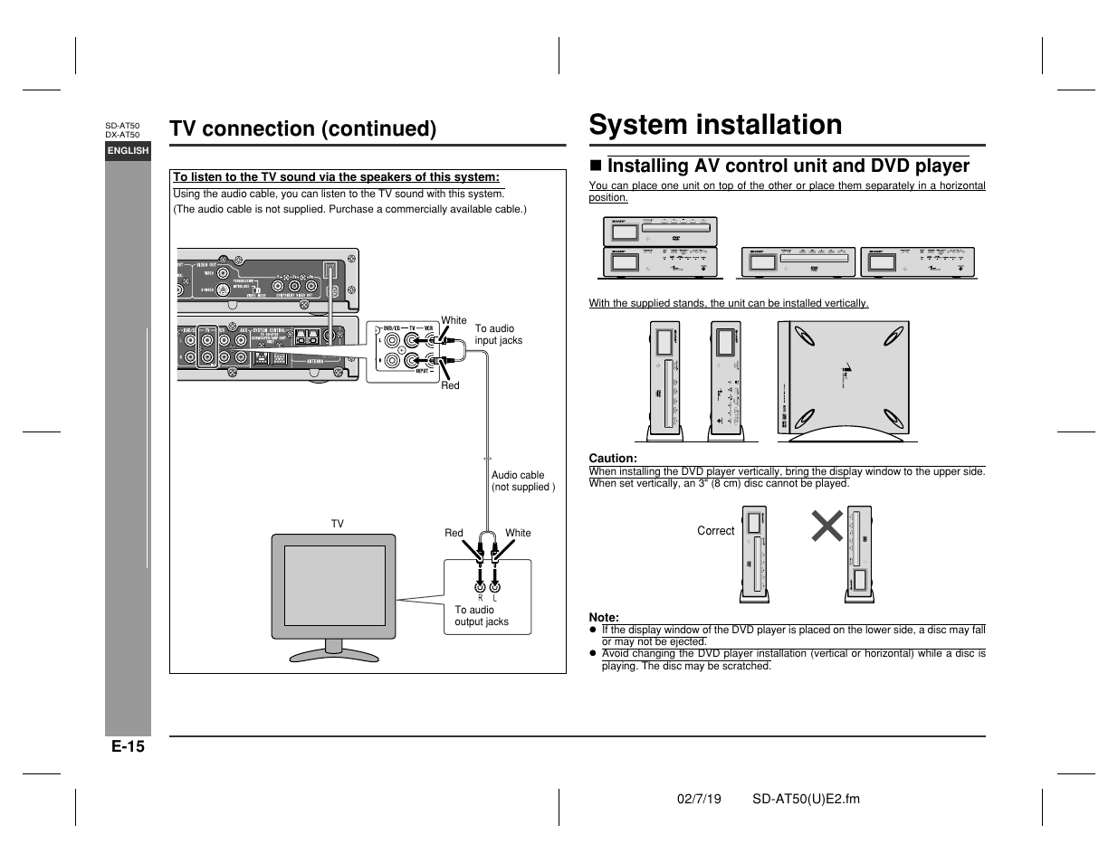 System installation, Prepar ation for use, Tv connection (continued) | Installing av control unit and dvd player | Sharp SD-AT50 User Manual | Page 20 / 58