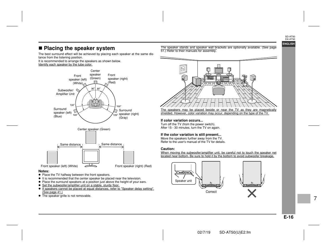 Prepar ation for use, Placing the speaker system | Sharp SD-AT50 User Manual | Page 21 / 58