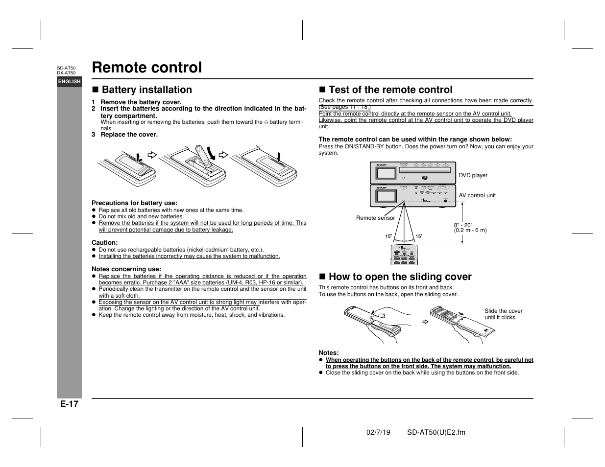 Remote control, Prepar ation for use, Battery installation | Test of the remote control, How to open the sliding cover | Sharp SD-AT50 User Manual | Page 22 / 58