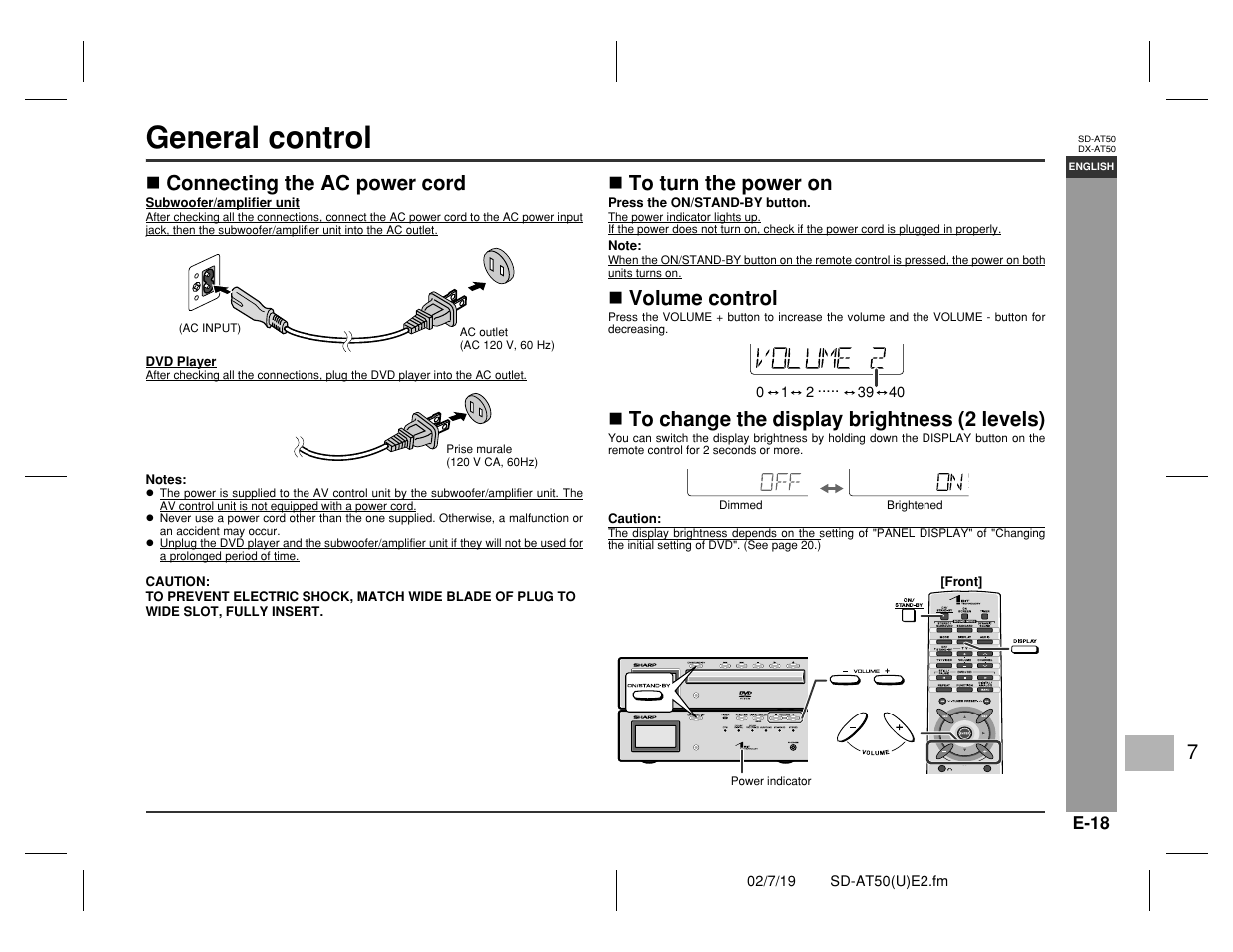 General control, Prepar ation for use, Connecting the ac power cord | Volume control | Sharp SD-AT50 User Manual | Page 23 / 58