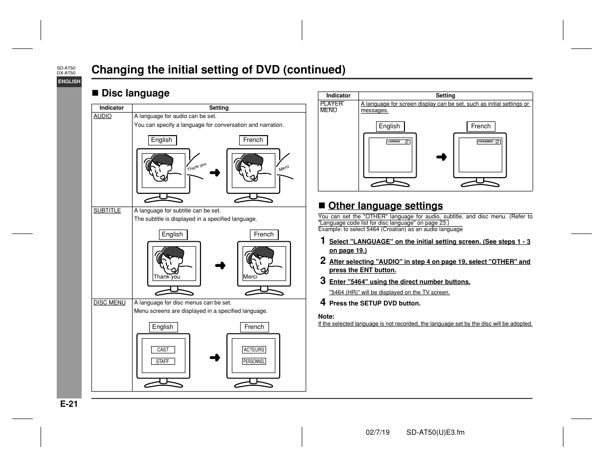 Prepar ation for use, Changing the initial setting of dvd (continued), Disc language " other language settings | Sharp SD-AT50 User Manual | Page 26 / 58