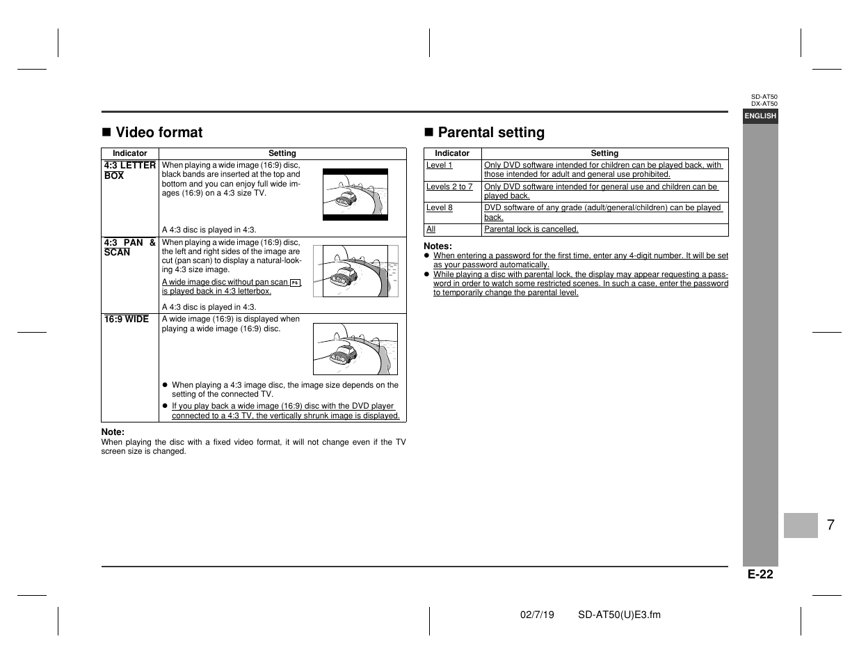 Prepar ation for use, Video format, Parental setting | Sharp SD-AT50 User Manual | Page 27 / 58