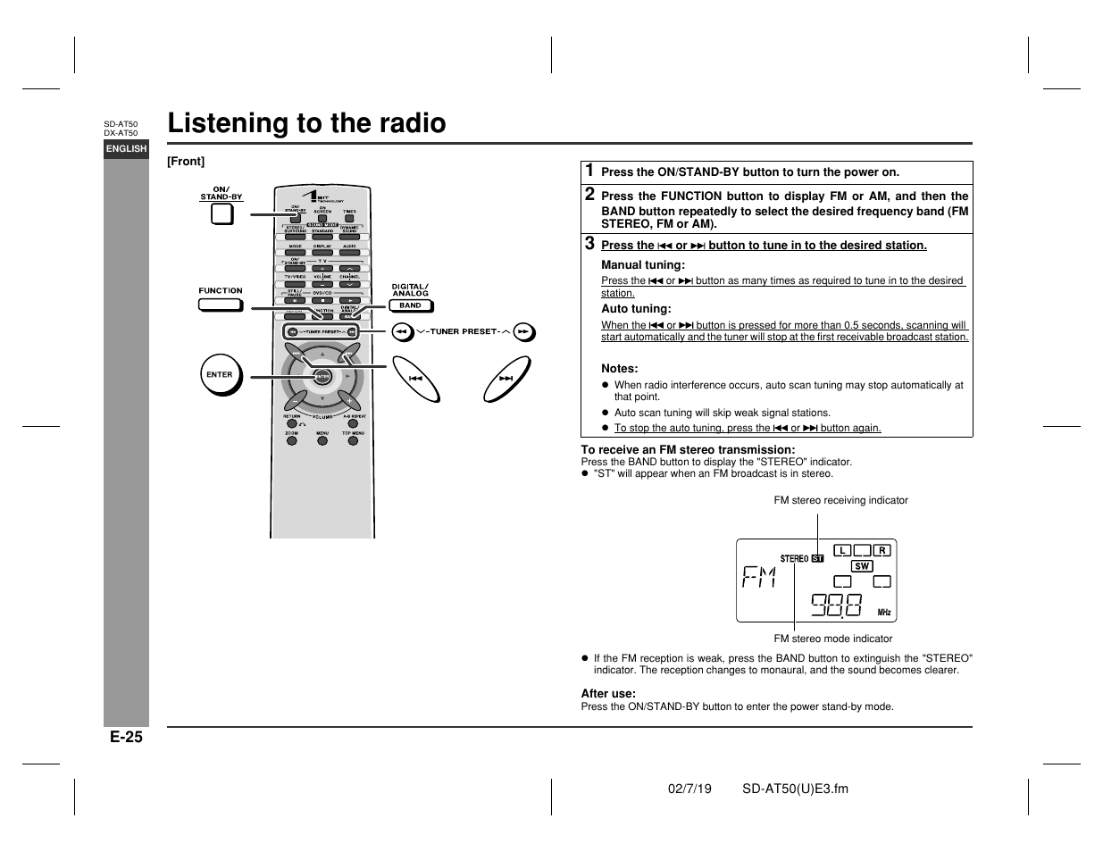 Listening to the radio, Basic operation | Sharp SD-AT50 User Manual | Page 30 / 58