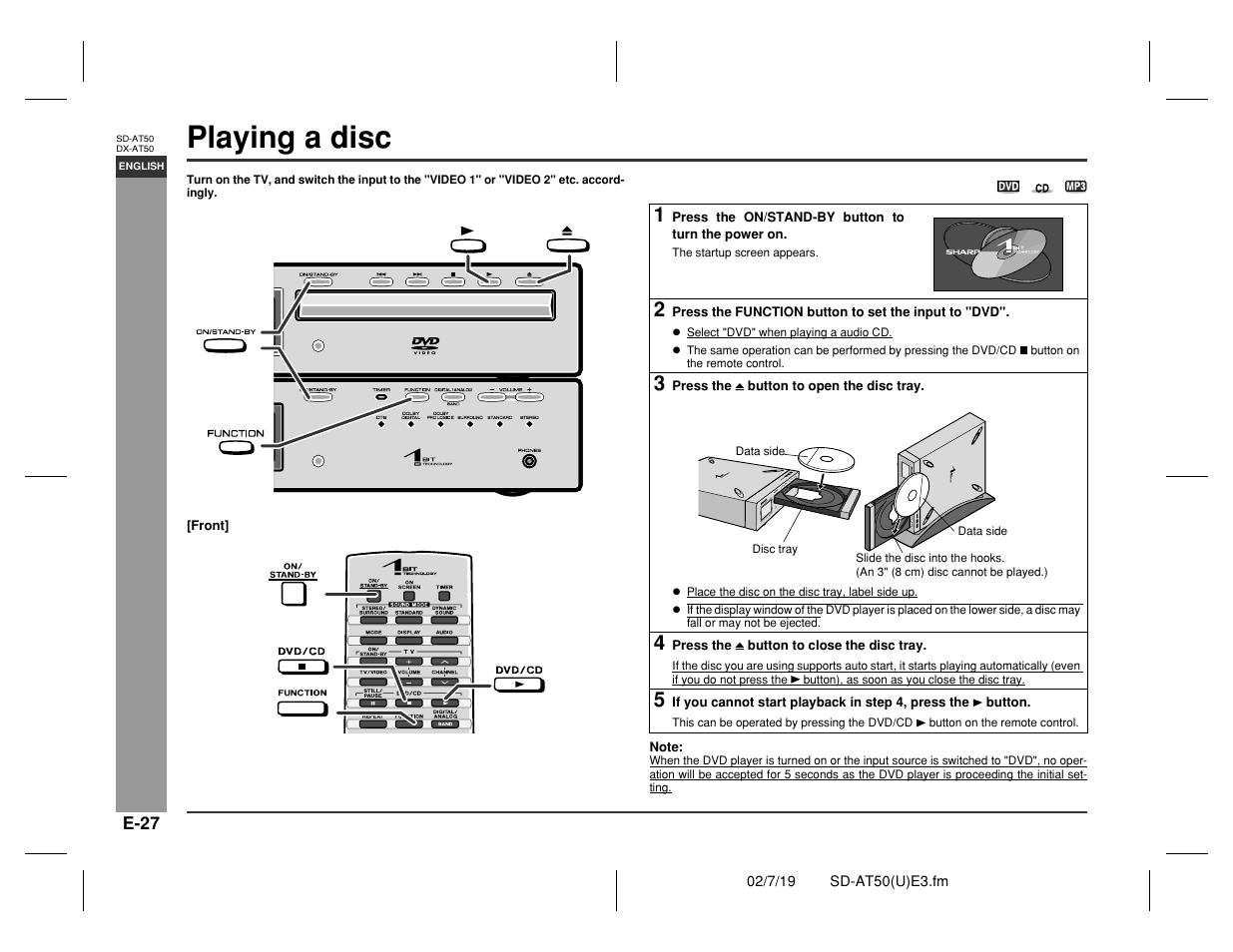 Playing a disc, Basic operation | Sharp SD-AT50 User Manual | Page 32 / 58