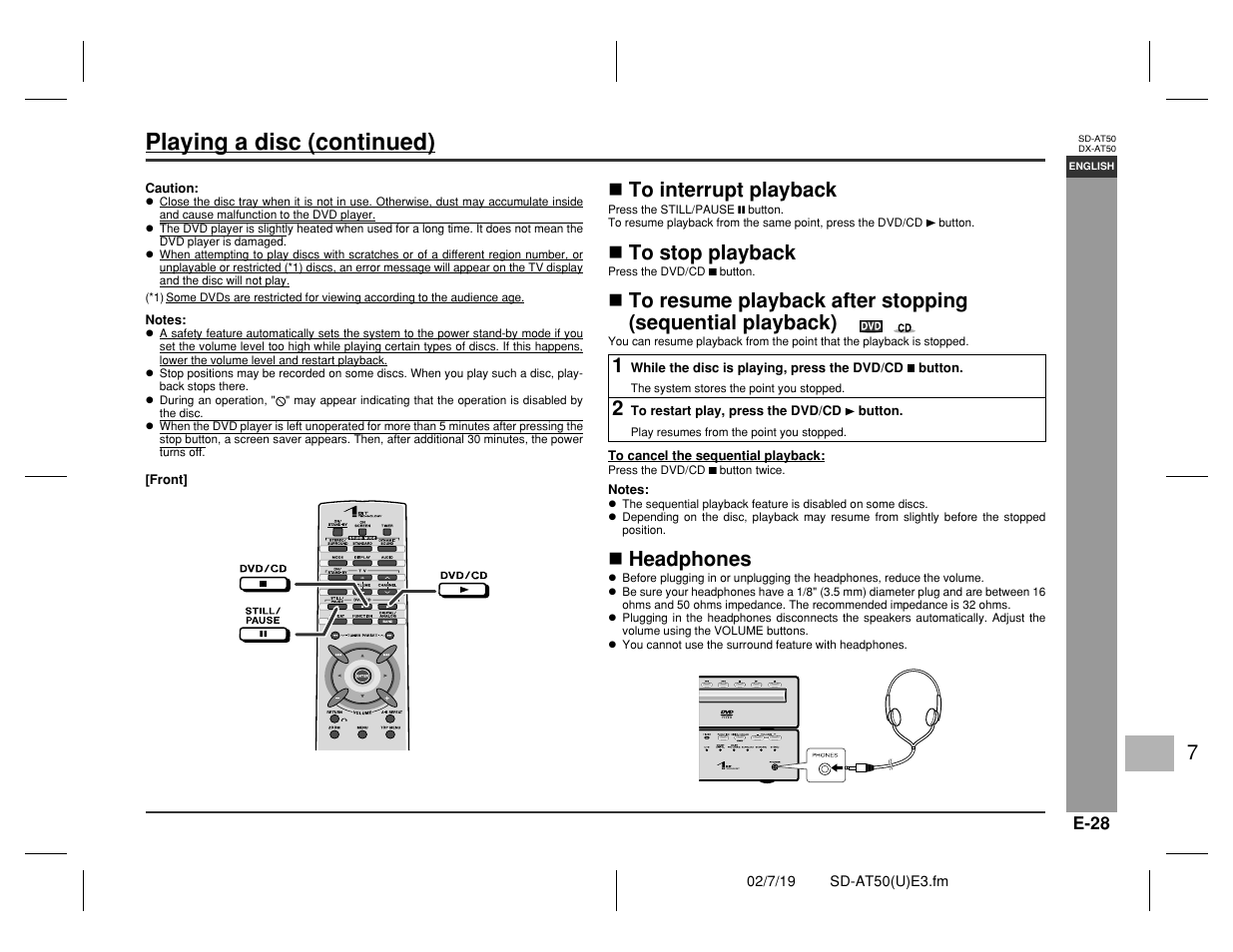 Basic operation, Playing a disc (continued), Headphones | Sharp SD-AT50 User Manual | Page 33 / 58