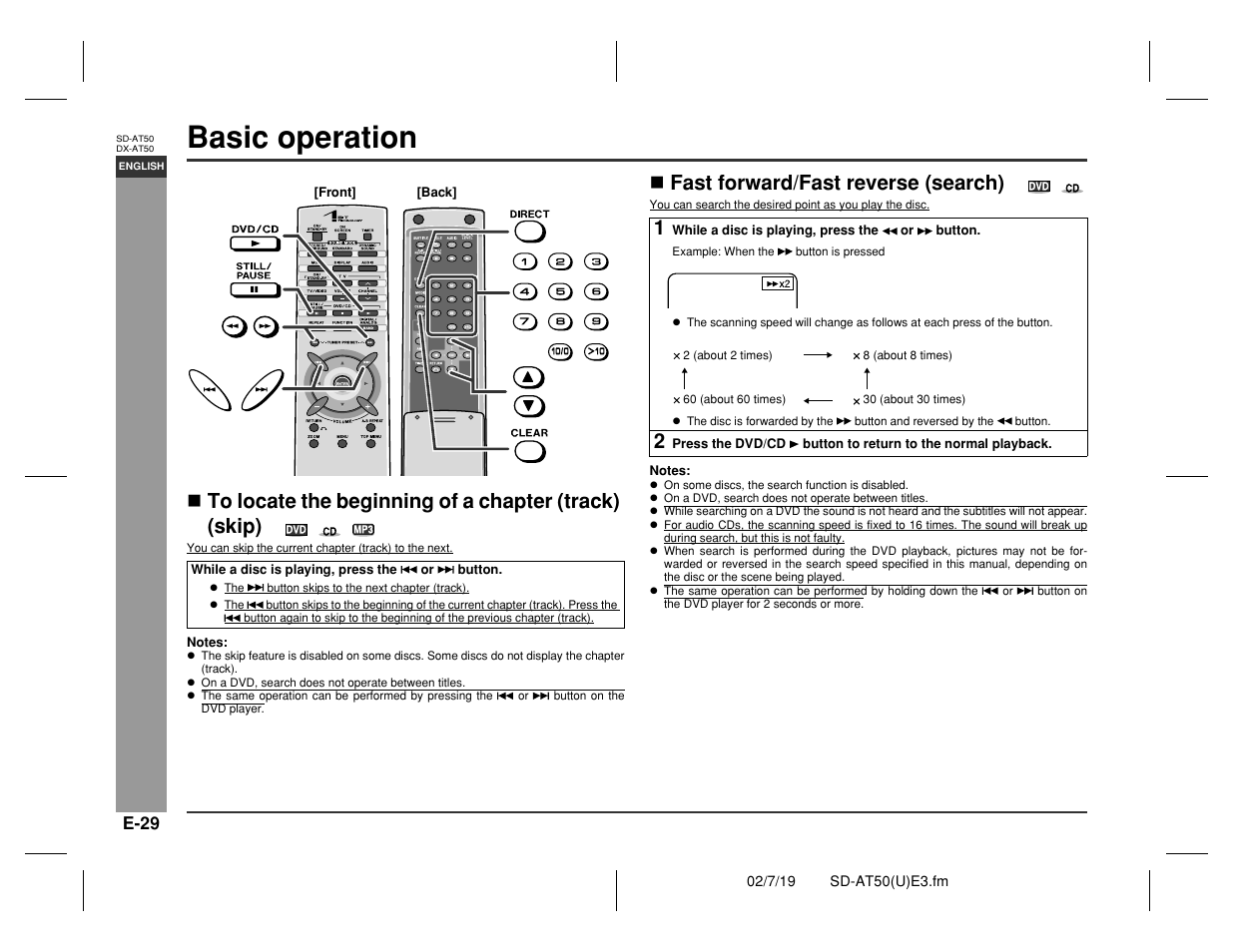 Basic operation, Advanced disc features, Fast forward/fast reverse (search) | Sharp SD-AT50 User Manual | Page 34 / 58