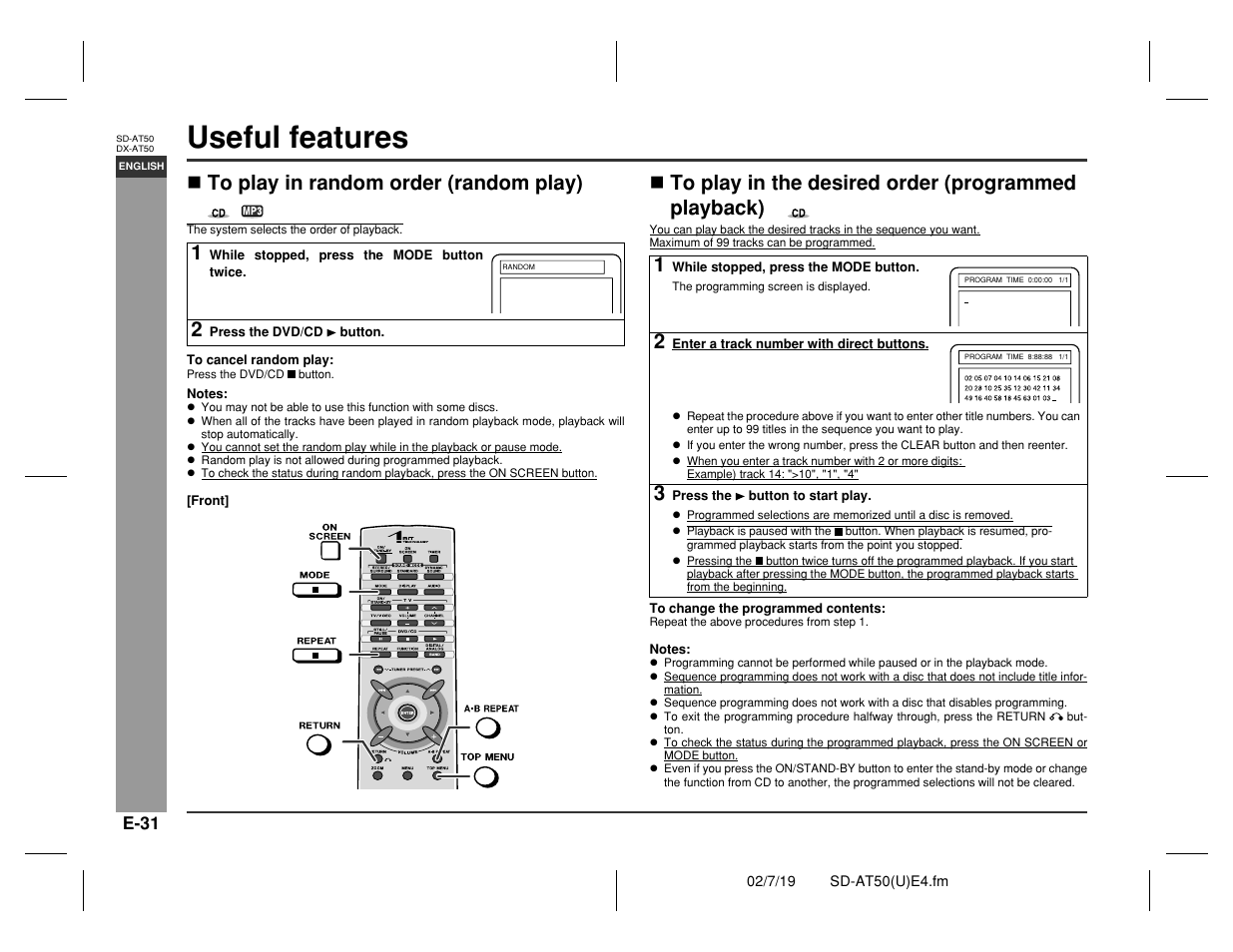 Useful features, Advanced disc features | Sharp SD-AT50 User Manual | Page 36 / 58