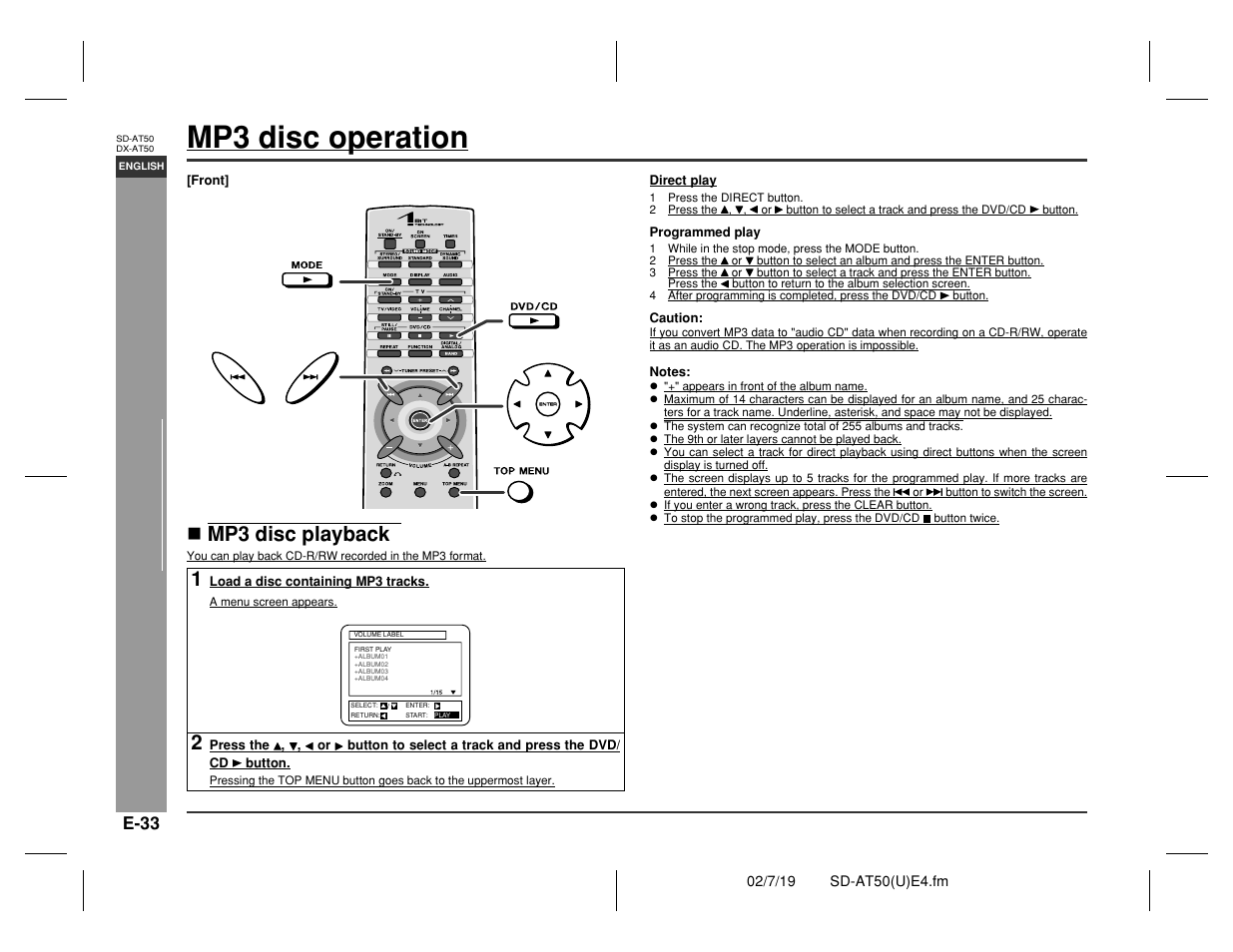 Mp3 disc operation, Advanced disc features, Mp3 disc playback | E-33 | Sharp SD-AT50 User Manual | Page 38 / 58