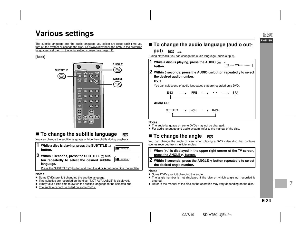 Various settings, Advanced disc features | Sharp SD-AT50 User Manual | Page 39 / 58