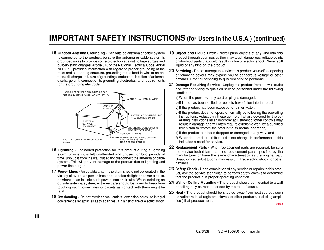 Important safety instructions, For users in the u.s.a.) (continued) | Sharp SD-AT50 User Manual | Page 4 / 58