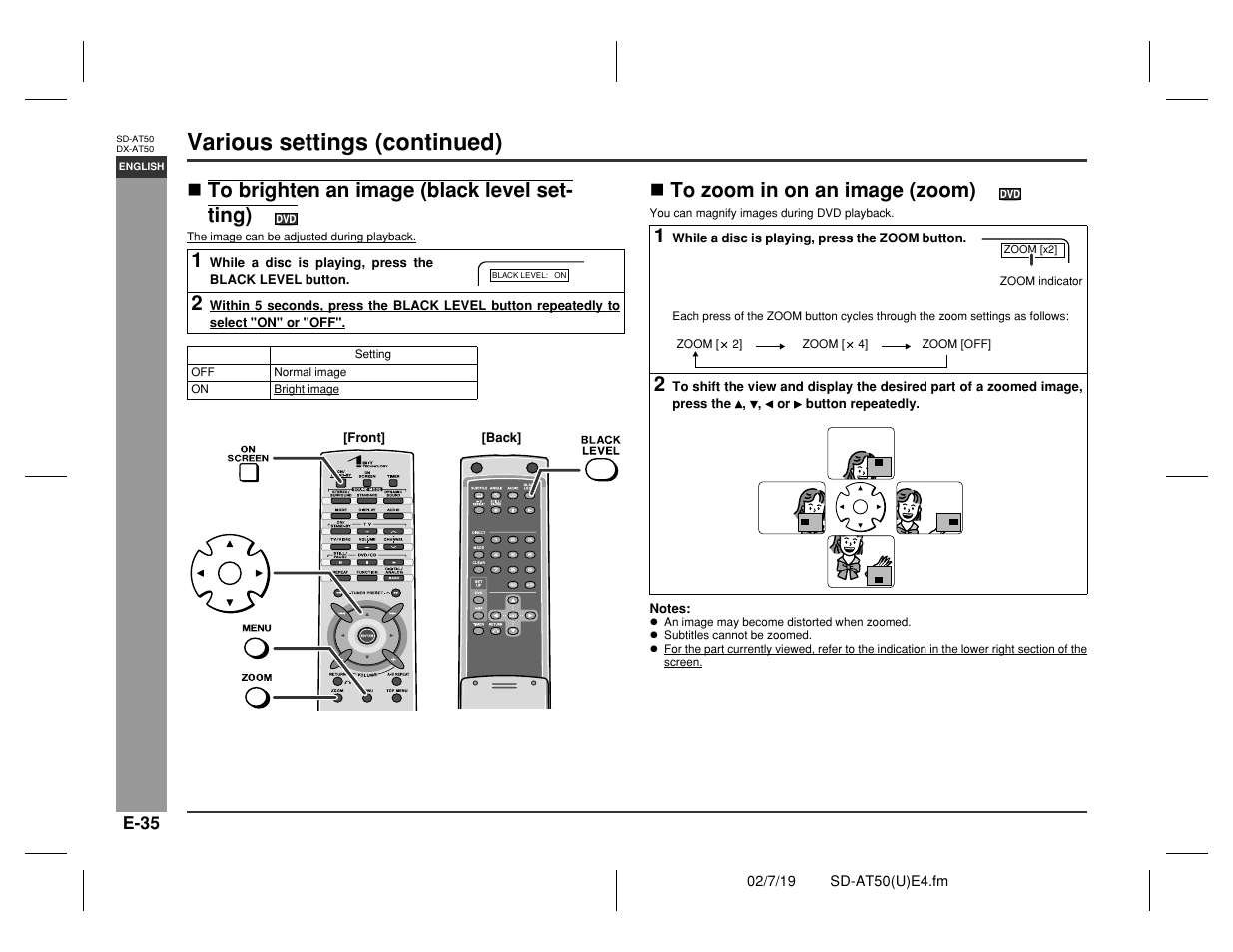 Advanced disc features, Various settings (continued) | Sharp SD-AT50 User Manual | Page 40 / 58