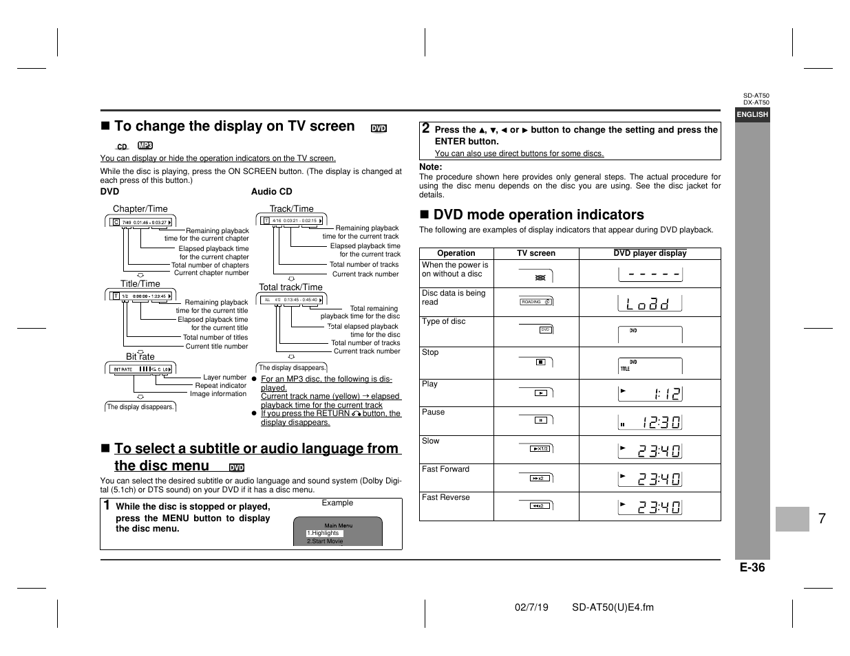 Advanced disc features, Dvd mode operation indicators, E-36 | Sharp SD-AT50 User Manual | Page 41 / 58