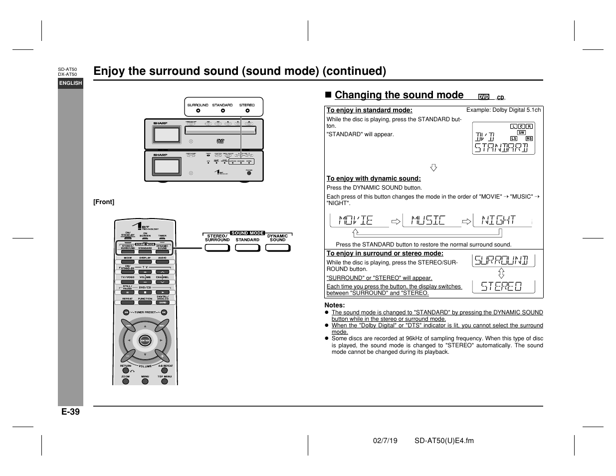 Advance d features, Enjoy the surround sound (sound mode) (continued), Changing the sound mode | Sharp SD-AT50 User Manual | Page 44 / 58