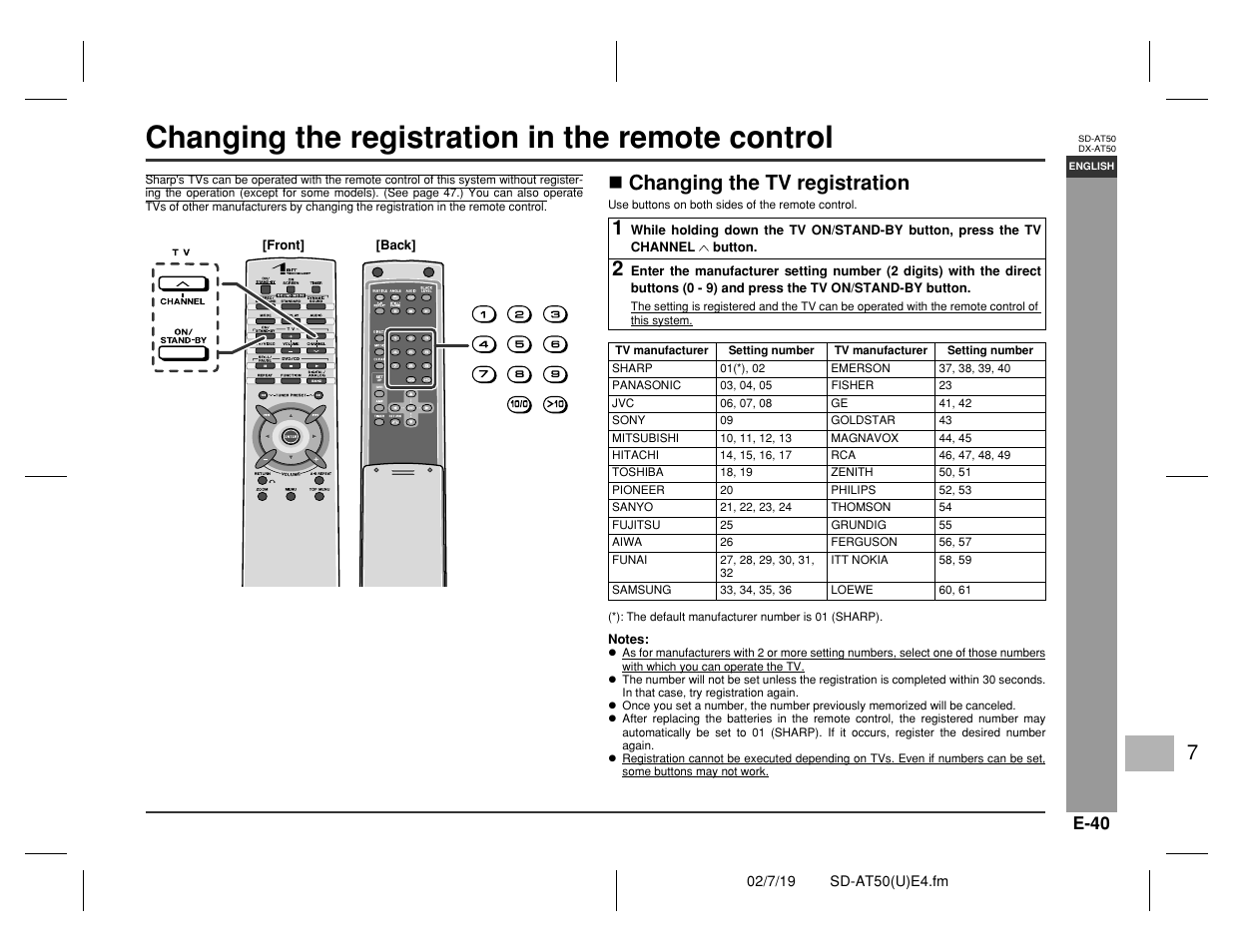 Changing the registration in the remote control, Advance d features, Changing the tv registration | Sharp SD-AT50 User Manual | Page 45 / 58