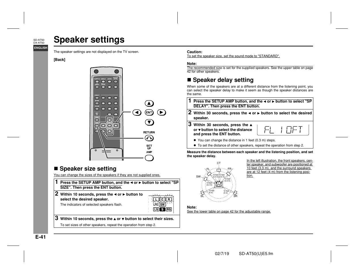 Speaker settings, Advance d features, Speaker size setting | Speaker delay setting | Sharp SD-AT50 User Manual | Page 46 / 58