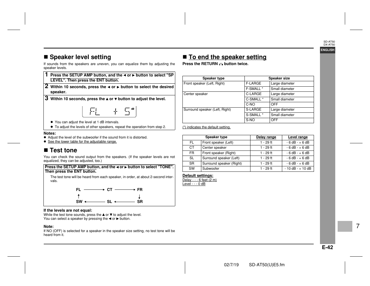 Advance d features, Speaker level setting, Test tone | Sharp SD-AT50 User Manual | Page 47 / 58