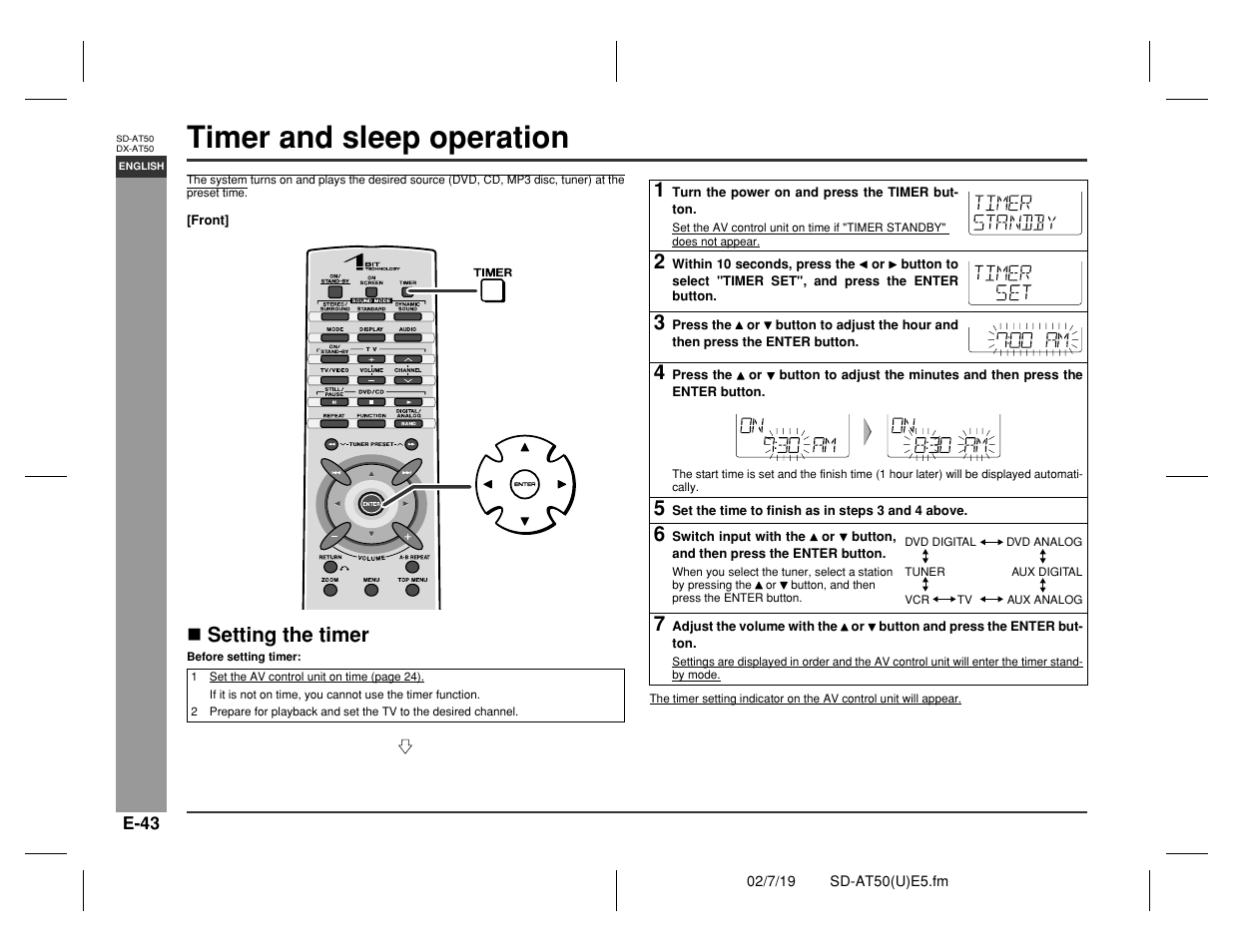 Timer and sleep operation, Advance d features, Setting the timer | Sharp SD-AT50 User Manual | Page 48 / 58