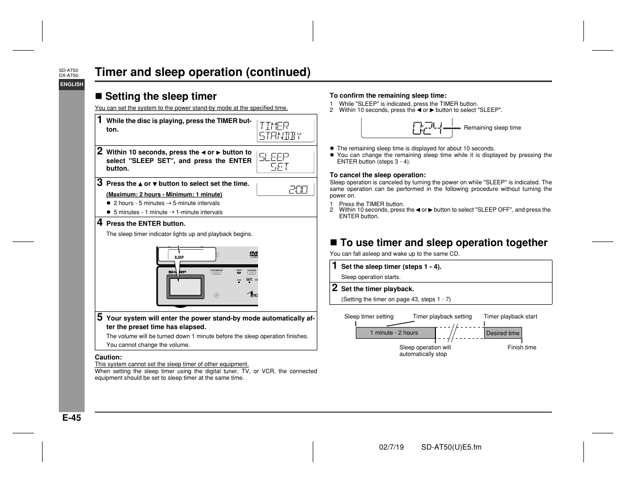 Advance d features, Timer and sleep operation (continued), Setting the sleep timer | Sharp SD-AT50 User Manual | Page 50 / 58