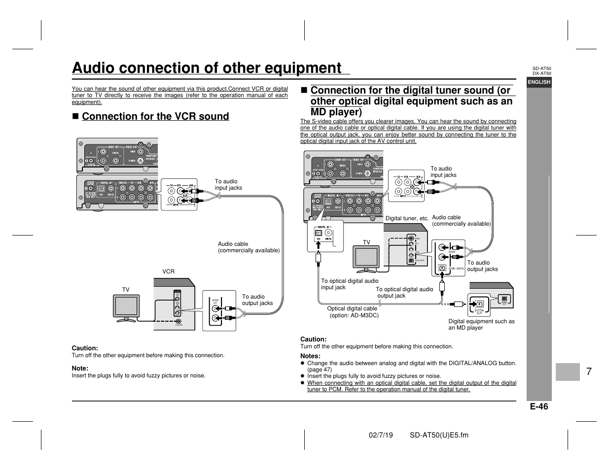 Audio connection of other equipment, Advance d features, Connection for the vcr sound | Sharp SD-AT50 User Manual | Page 51 / 58