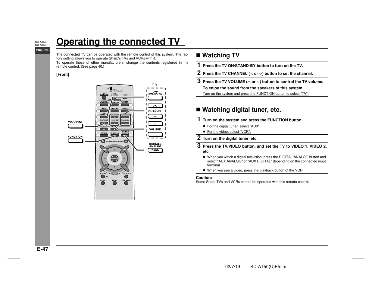 Operating the connected tv, Advance d features, Watching tv " watching digital tuner, etc | Sharp SD-AT50 User Manual | Page 52 / 58