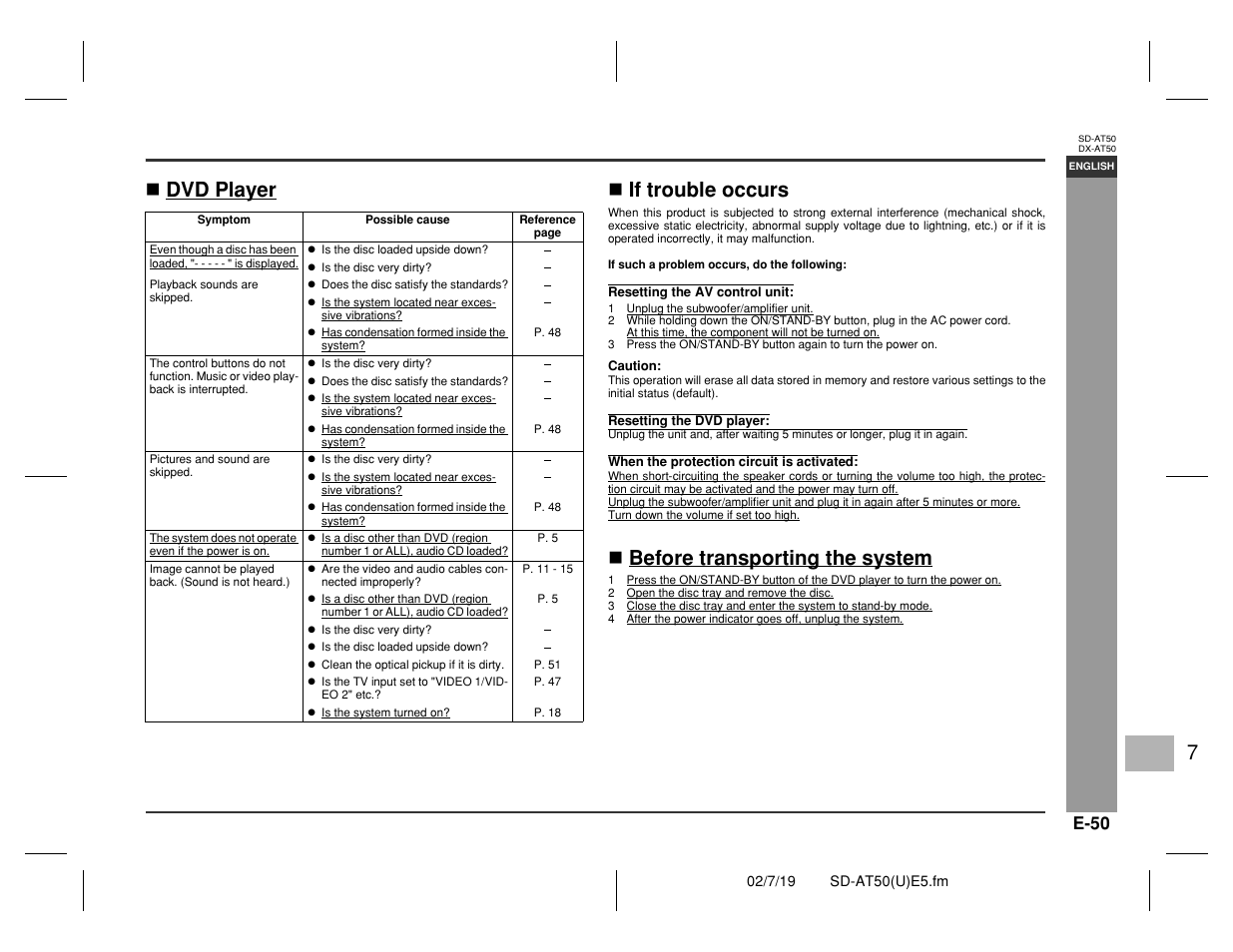 Re fere nc es, Dvd player " if trouble occurs, Before transporting the system | Sharp SD-AT50 User Manual | Page 55 / 58