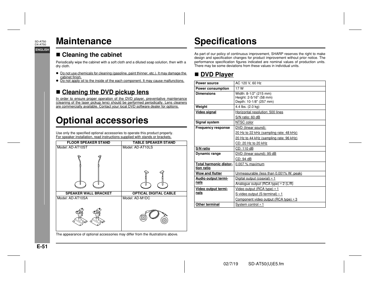 Maintenance, Optional accessories, Specifications | Re fere nc es, Dvd player | Sharp SD-AT50 User Manual | Page 56 / 58