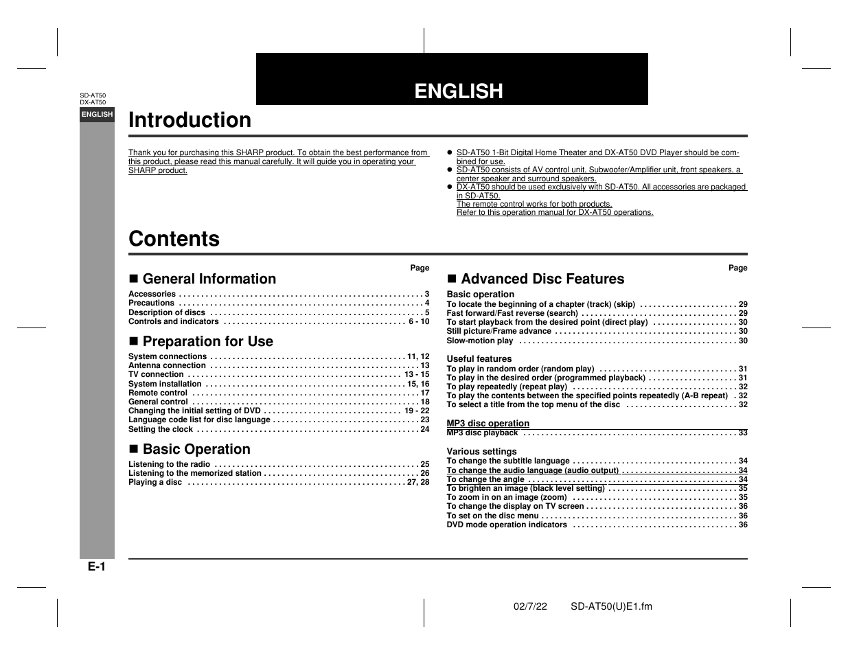 Introduction contents, English, Genera l informa tion | Sharp SD-AT50 User Manual | Page 6 / 58