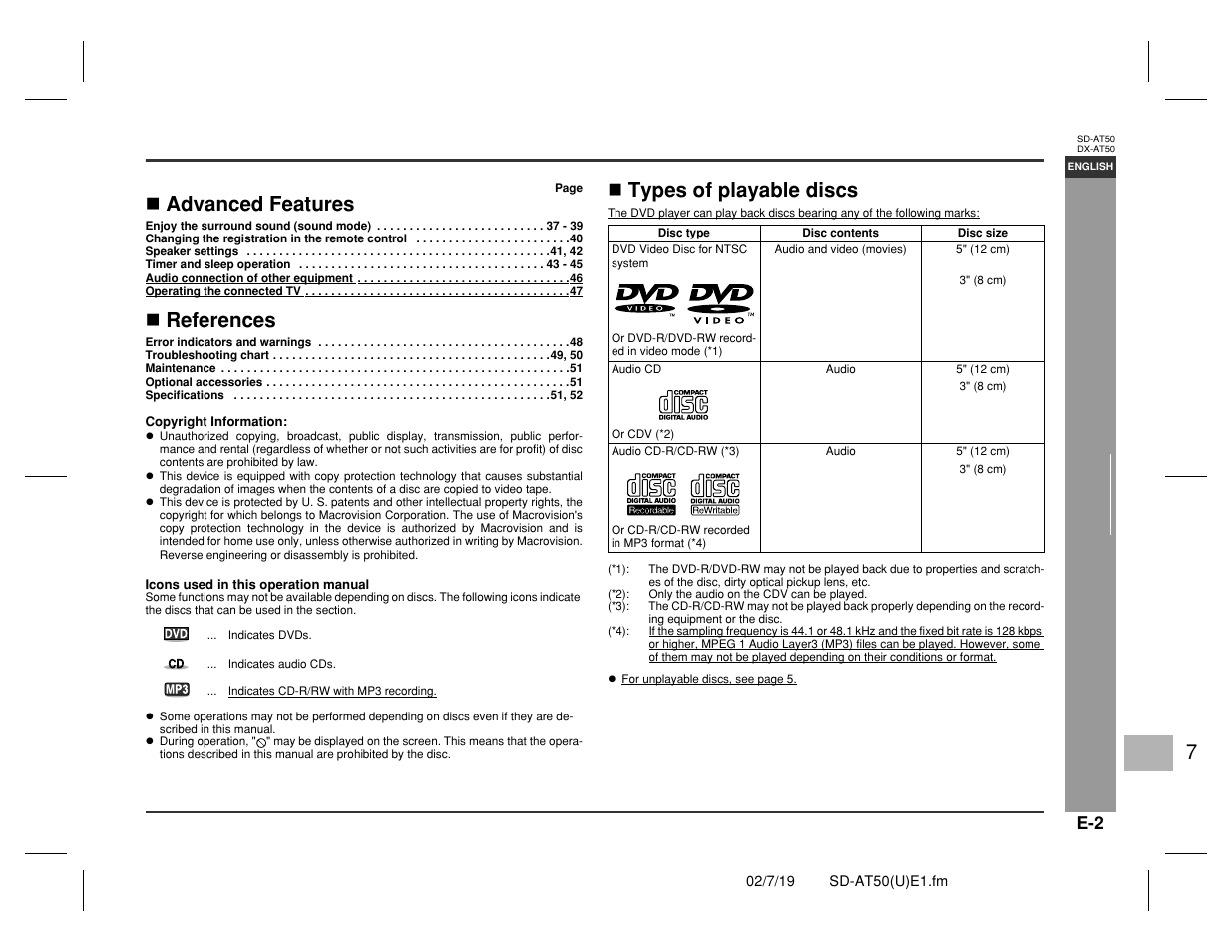 Genera l informa tion, Advanced features, References | Types of playable discs | Sharp SD-AT50 User Manual | Page 7 / 58