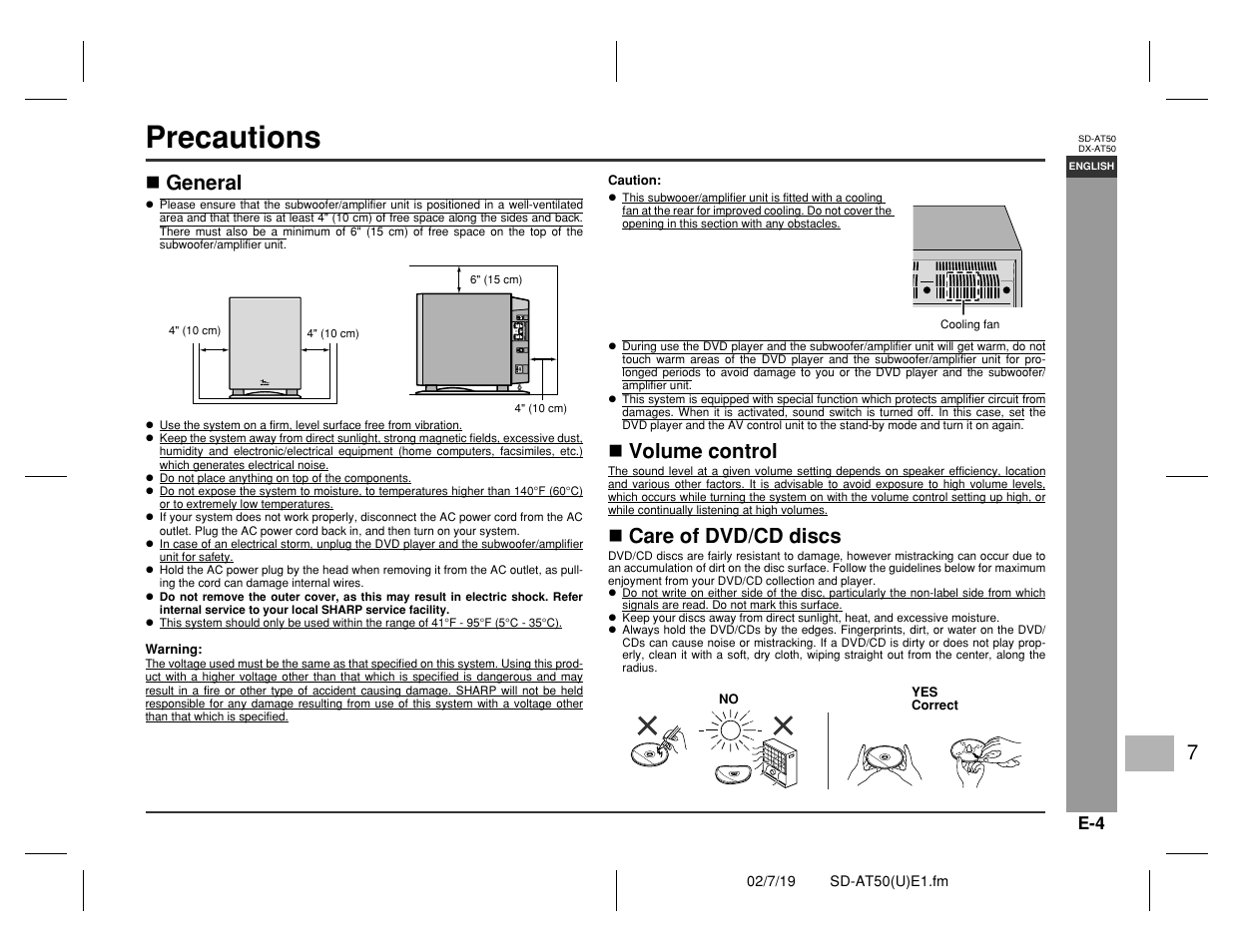 Precautions, Genera l informa tion, General | Volume control, Care of dvd/cd discs | Sharp SD-AT50 User Manual | Page 9 / 58