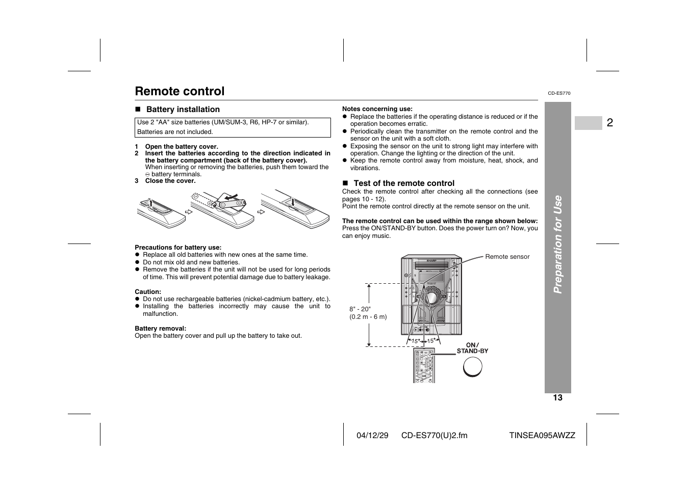 Remote control, Preparation for use | Sharp CP-ES770 User Manual | Page 13 / 36