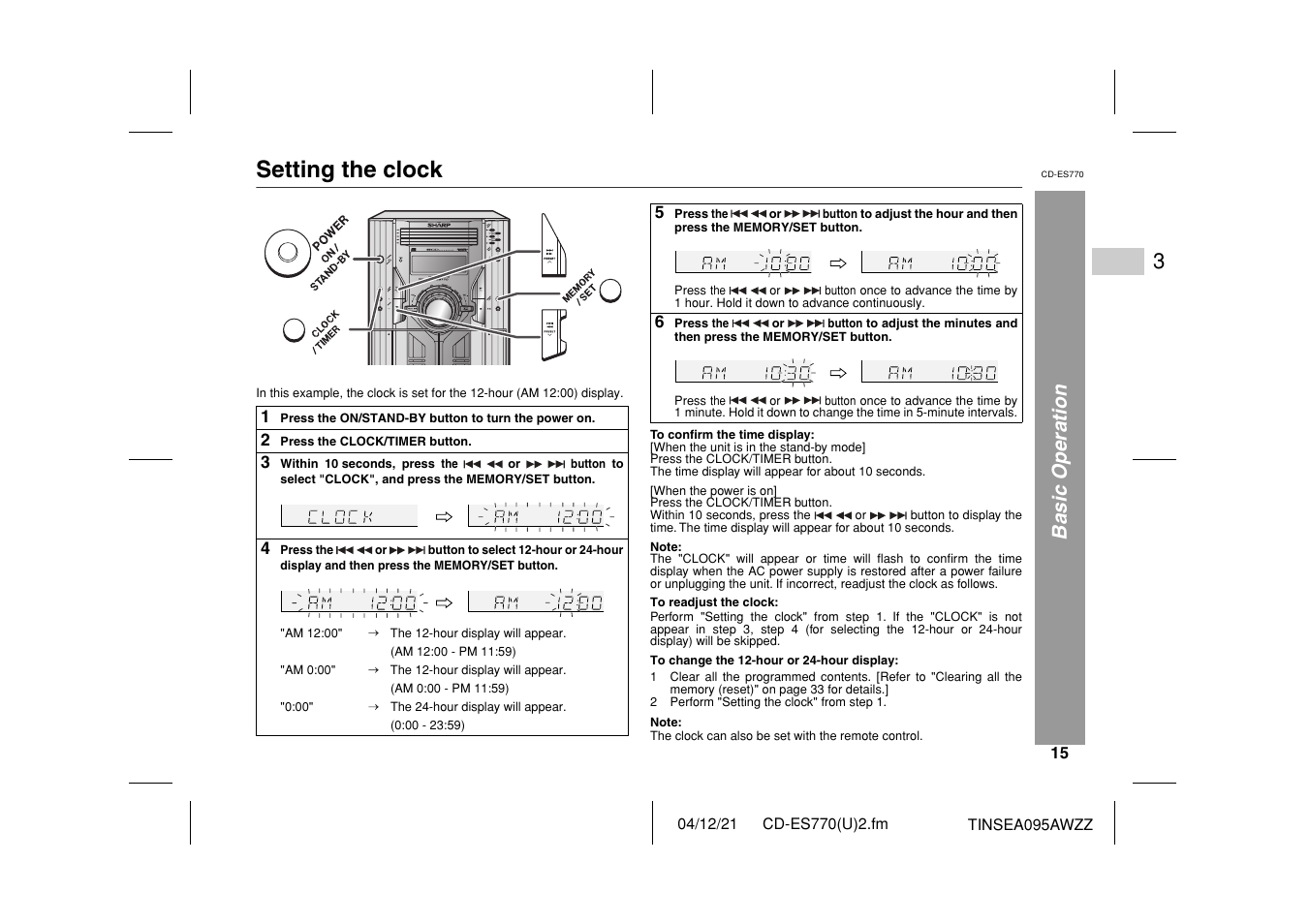 Setting the clock, Basic operation | Sharp CP-ES770 User Manual | Page 15 / 36
