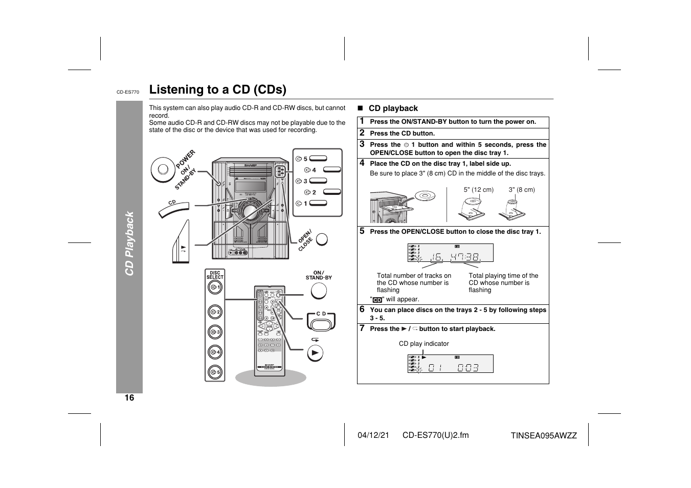 Listening to a cd (cds), Cd playback | Sharp CP-ES770 User Manual | Page 16 / 36